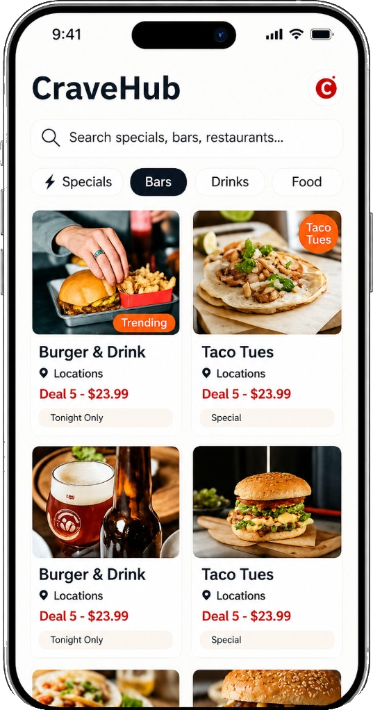 CraveHub app on iPhone showing food and drink specials